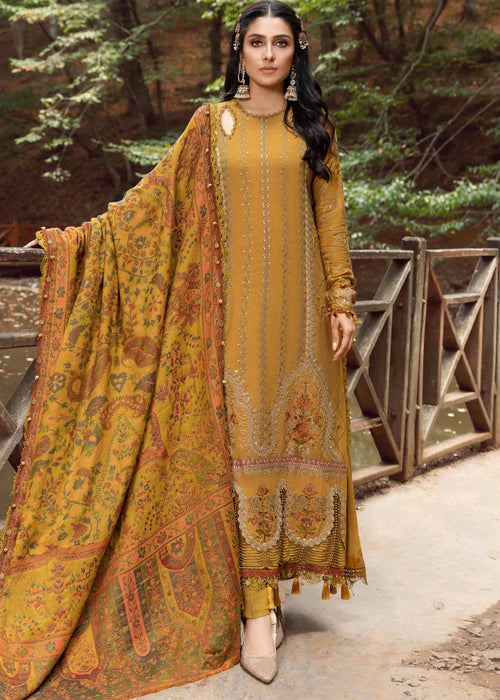 Maria B. 3 Piece Mustard Embroidered Linen suit with woollen shawl