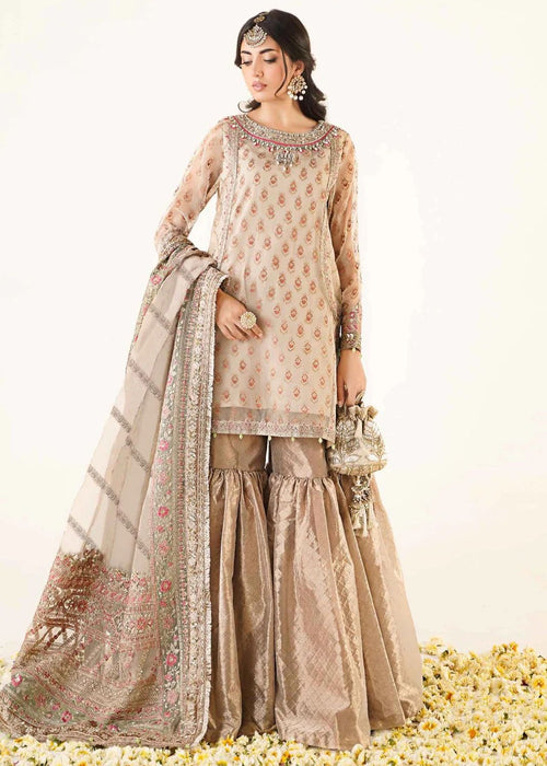 Maria B. 3 Piece Embroidered Organza Gharara suit with embellished dupatta