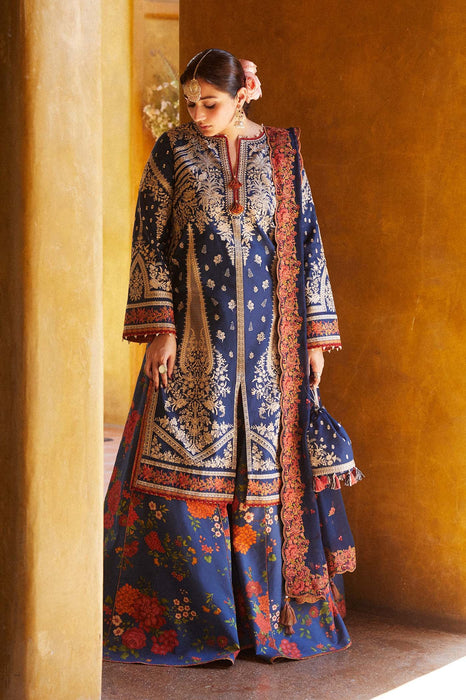 Hussain Rehar embroidered lawn 3 pc suit with sharara and chiffon dupatta- pakistani formal party wear