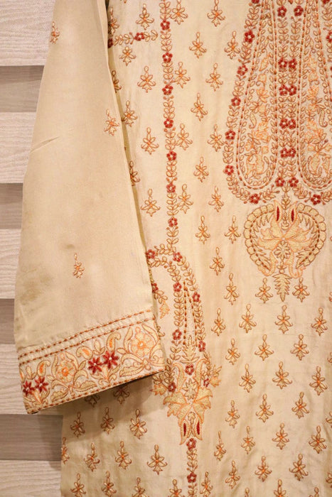 HK Beige pure raw silk 3 piece kashmiri karhai