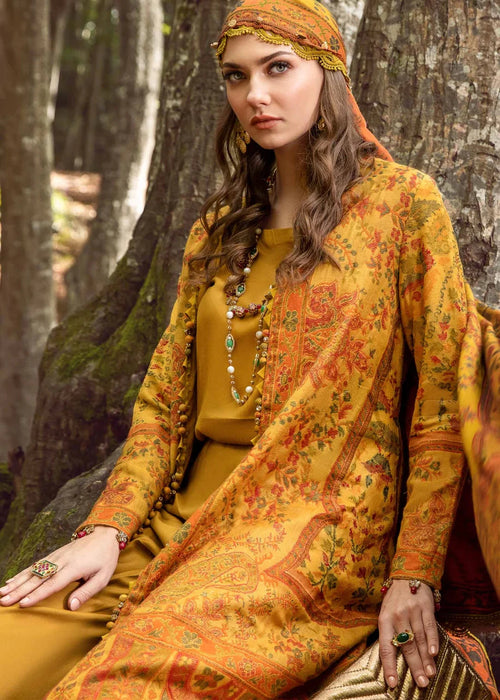 Maria B. 3 Piece Mustard Embroidered Linen suit with woollen shawl