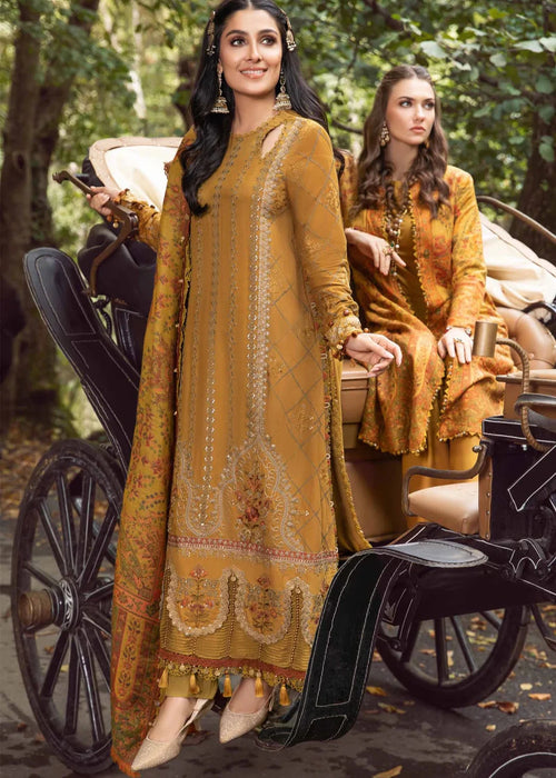 Maria B. 3 Piece Mustard Embroidered Linen suit with woollen shawl