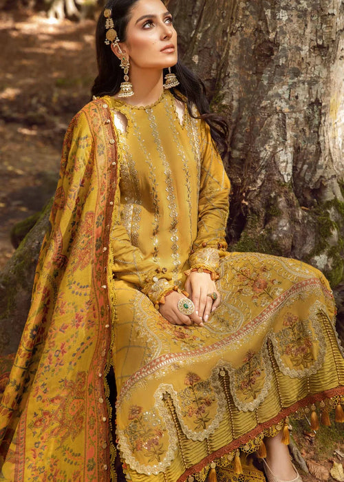 Maria B. 3 Piece Mustard Embroidered Linen suit with woollen shawl