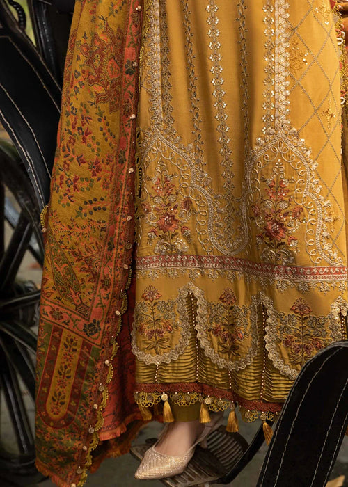 Maria B. 3 Piece Mustard Embroidered Linen suit with woollen shawl